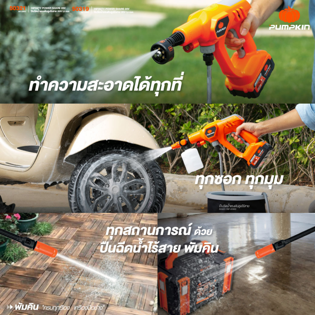 🔥รุ่นใหม่2026 แบตX20🔥 เครื่องฉีดน้ำไร้สาย PUMPKIN 50401 / 50400 / 50321 / 50318 ปืนฉีดน้ำแรงดันสูงไร้สาย ล้างรถ ล้างแอร์ ล้างพื้น - Image 3